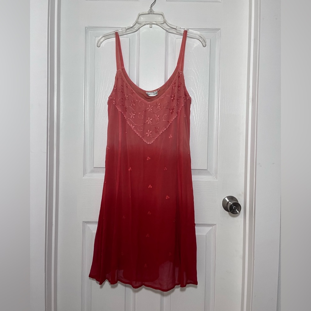 LPOGEE Coral to Red Ombre Slip Dress with Embroidered Yoke